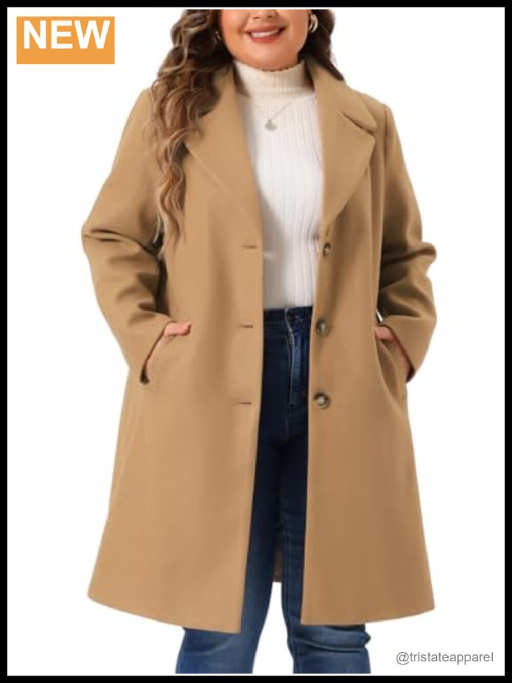 Plus Size Winter Pea Coat Notched Lapel Mid Length Overcoat
